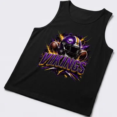 Electric football helmet design with Vikings text in bold colors — printed on a tank top