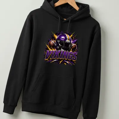 Electric football helmet design with Vikings text in bold colors — printed on a unisex hoodie