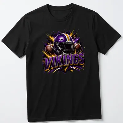 Electric football helmet design with Vikings text in bold colors — printed on a unisex t-shirt