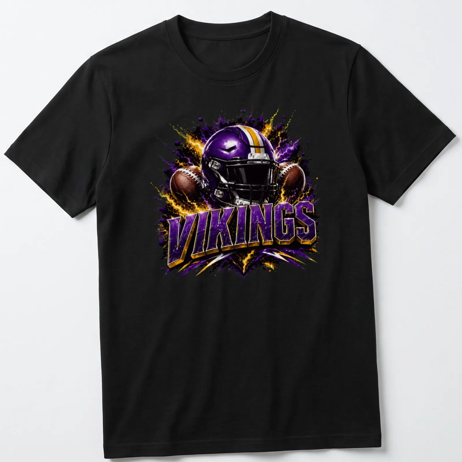 Electric football helmet design with Vikings text in bold colors — printed on a unisex t-shirt