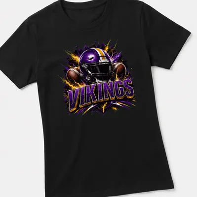 Electric football helmet design with Vikings text in bold colors — printed on a women's shirt
