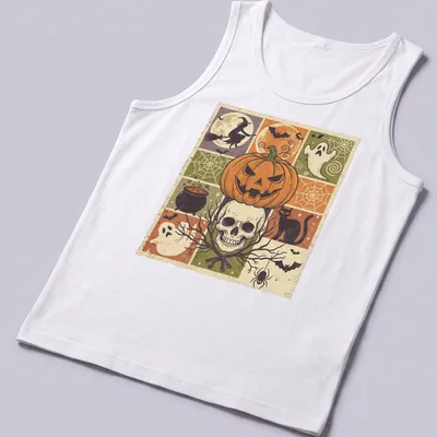 Vintage distressed Halloween design featuring pumpkin, skull, witch, and cat — printed on a tank top