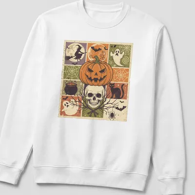 Vintage distressed Halloween design featuring pumpkin, skull, witch, and cat — printed on a unisex sweatshirt