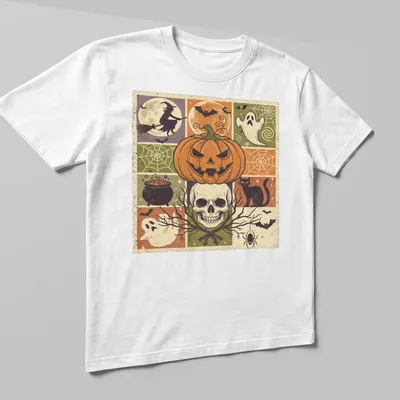 Vintage distressed Halloween design featuring pumpkin, skull, witch, and cat — printed on a unisex t-shirt (angled view)