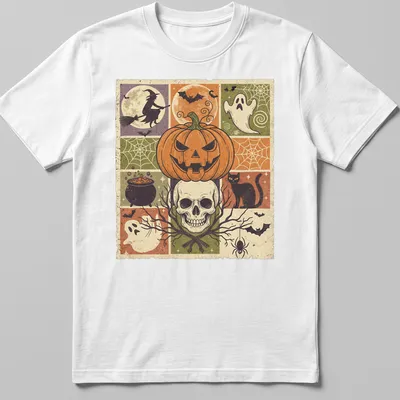 Vintage distressed Halloween design featuring pumpkin, skull, witch, and cat