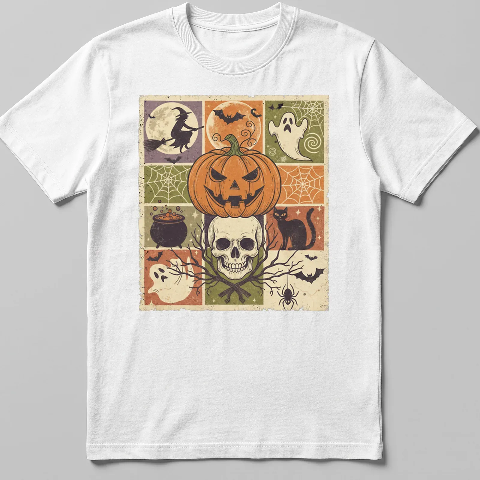 Vintage distressed Halloween design featuring pumpkin, skull, witch, and cat — printed on a unisex t-shirt