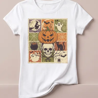 Vintage distressed Halloween design featuring pumpkin, skull, witch, and cat — printed on a women's shirt