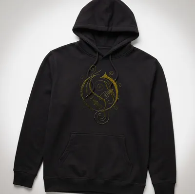 Vintage ornate swirl design in gold, black, and white on a — printed on a unisex hoodie