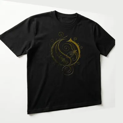 Vintage ornate swirl design in gold, black, and white on a — printed on a unisex t-shirt (angled view)