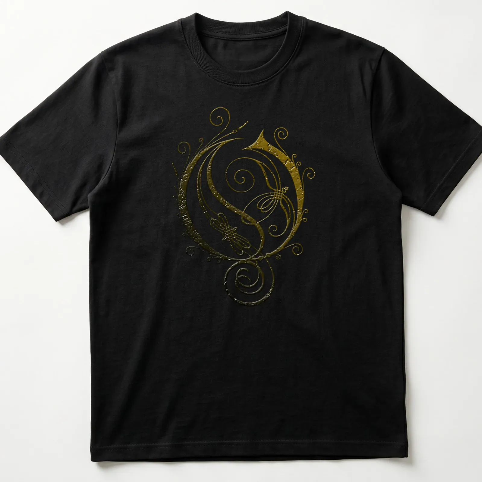 Vintage ornate swirl design in gold, black, and white on a — printed on a unisex t-shirt