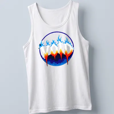 Gothic flames surrounding bold 'VOID' text in blue, orange, white, and black — printed on a tank top