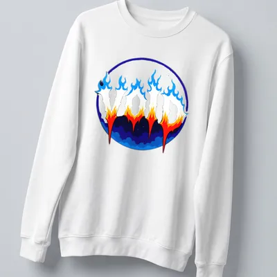 Gothic flames surrounding bold 'VOID' text in blue, orange, white, and black — printed on a unisex sweatshirt