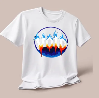 Gothic flames surrounding bold 'VOID' text in blue, orange, white, and black — printed on a unisex t-shirt (angled view)
