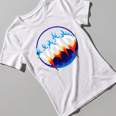 Gothic flames surrounding bold 'VOID' text in blue, orange, white, and black — printed on a women's shirt