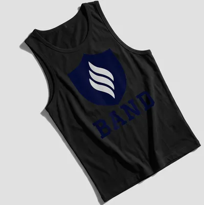 Modern emblem T-shirt featuring a shield with flames and 'BAND' text — printed on a tank top