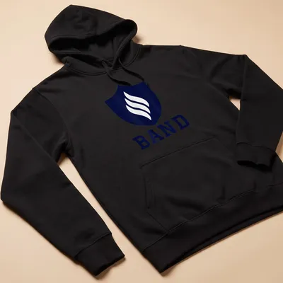 Modern emblem T-shirt featuring a shield with flames and 'BAND' text — printed on a unisex hoodie