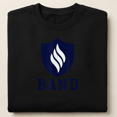 Modern emblem T-shirt featuring a shield with flames and 'BAND' text — printed on a unisex sweatshirt