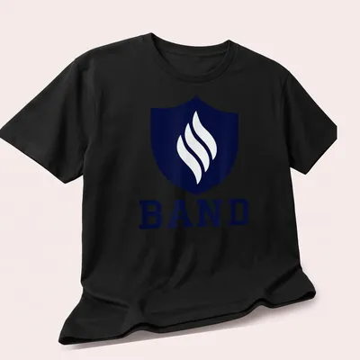 Modern emblem T-shirt featuring a shield with flames and 'BAND' text — printed on a unisex t-shirt (angled view)
