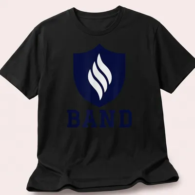 Modern emblem T-shirt featuring a shield with flames and 'BAND' text — printed on a unisex t-shirt