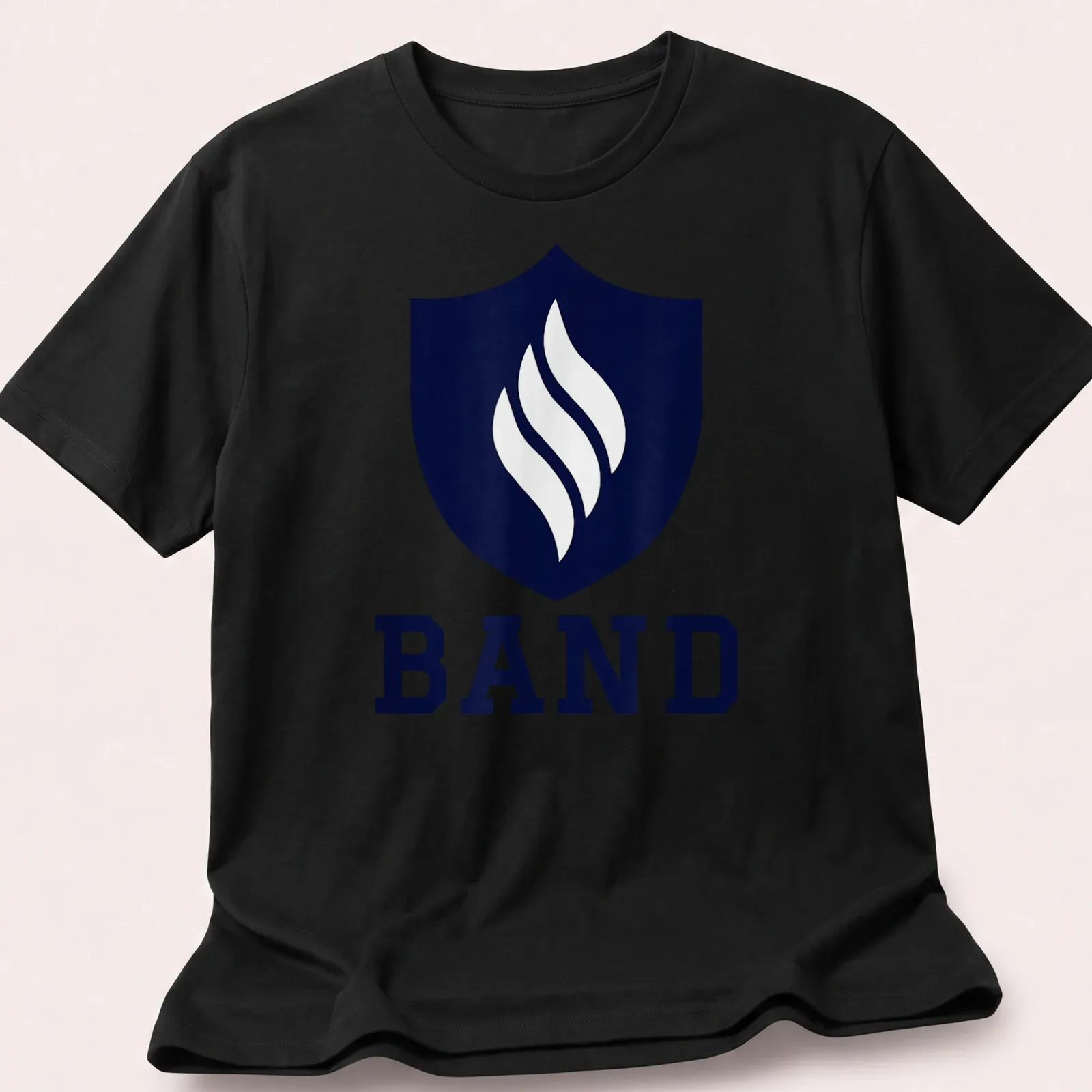 Modern emblem T-shirt featuring a shield with flames and 'BAND' text — printed on a unisex t-shirt