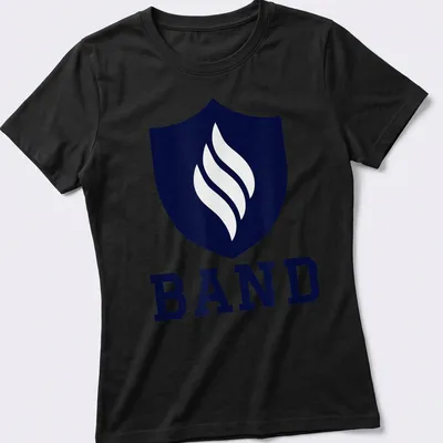 Modern emblem T-shirt featuring a shield with flames and 'BAND' text — printed on a women's shirt