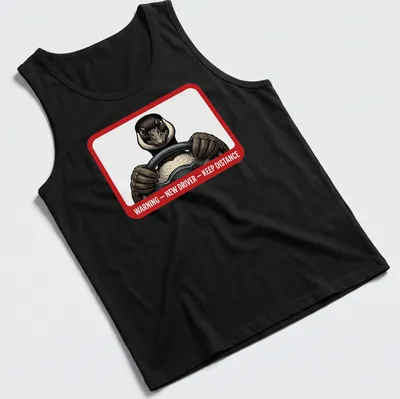 Illustrated goose driving a car with a warning message about distance. — printed on a tank top