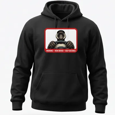 Illustrated goose driving a car with a warning message about distance. — printed on a unisex hoodie