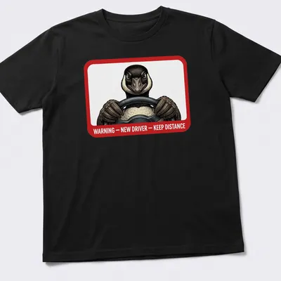 Illustrated goose driving a car with a warning message about distance. — printed on a unisex t-shirt