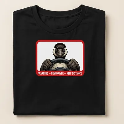 Illustrated goose driving a car with a warning message about distance. — printed on a women's shirt