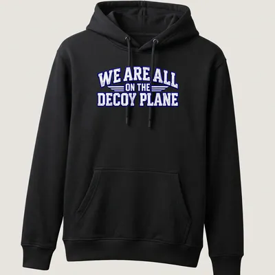 Bold distressed text on a T-shirt featuring a decoy plane design. — printed on a unisex hoodie