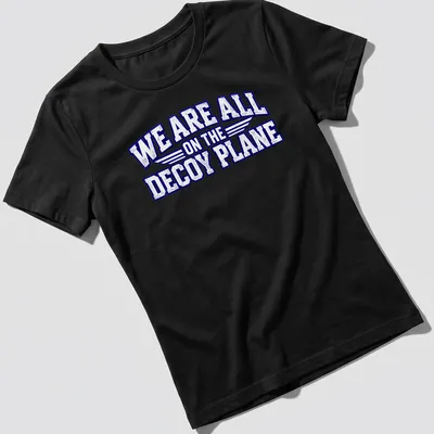 Bold distressed text on a T-shirt featuring a decoy plane design. — printed on a women's shirt