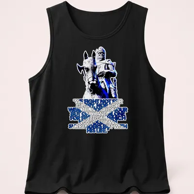 Bold typographic design with a mounted knight and a powerful quote about freedom — printed on a tank top