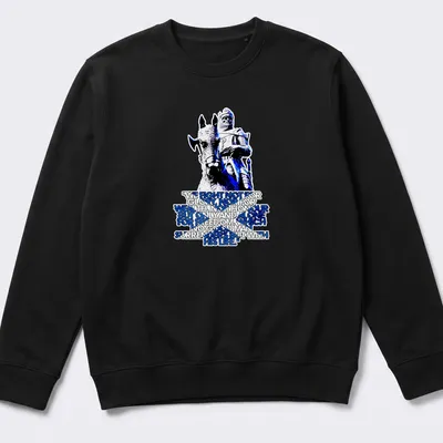 Bold typographic design with a mounted knight and a powerful quote about freedom — printed on a unisex sweatshirt
