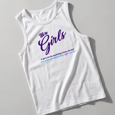 Colorful typography slogan about gender equality with purple and blue text — printed on a tank top