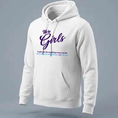 Colorful typography slogan about gender equality with purple and blue text — printed on a unisex hoodie