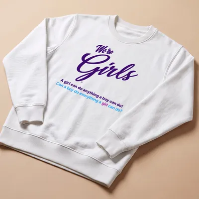 Colorful typography slogan about gender equality with purple and blue text — printed on a unisex sweatshirt