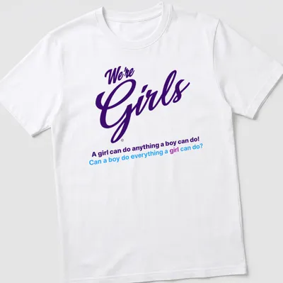 Colorful typography slogan about gender equality with purple and blue text — printed on a unisex t-shirt