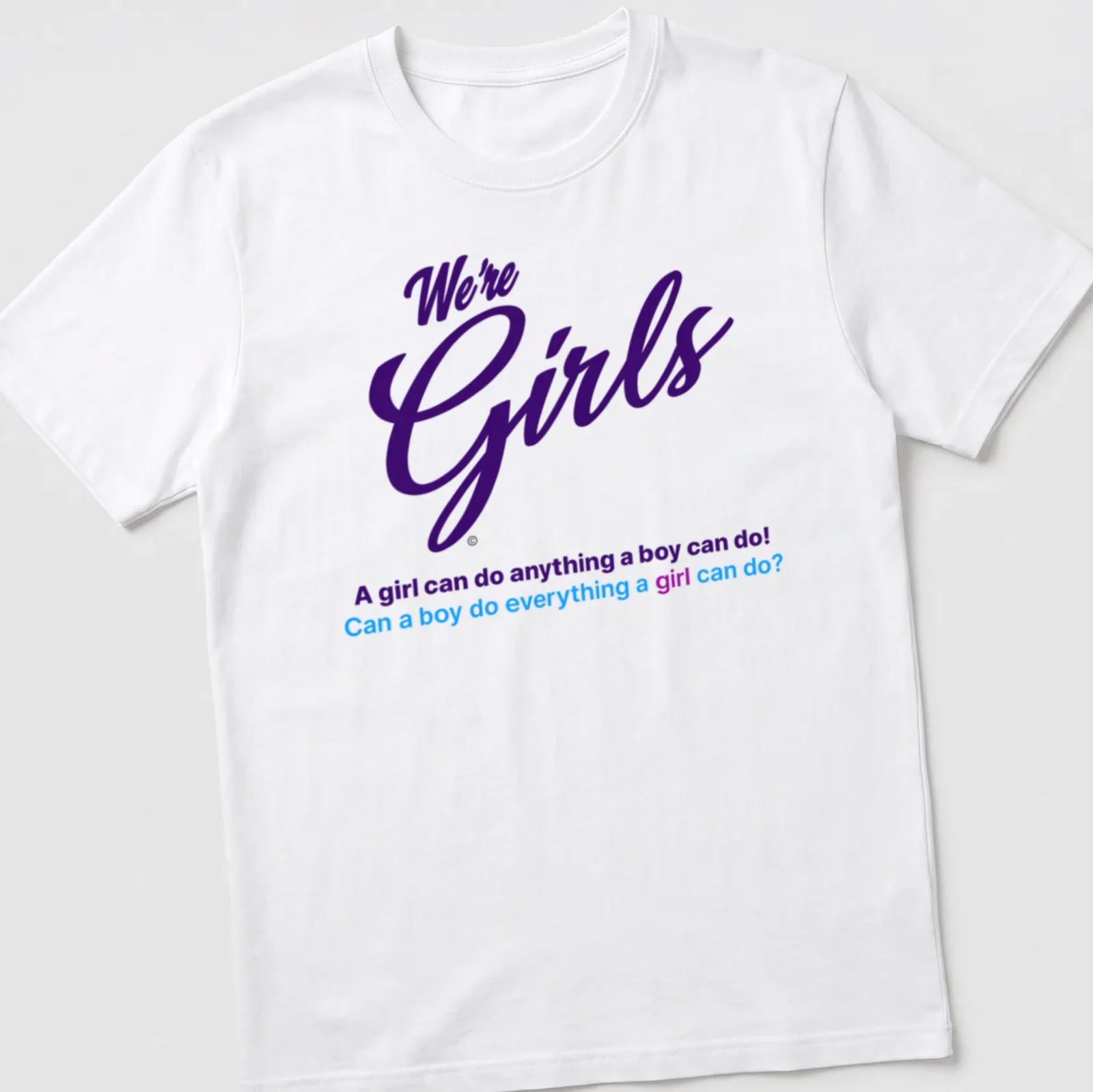 Colorful typography slogan about gender equality with purple and blue text — printed on a unisex t-shirt
