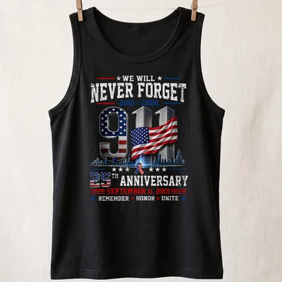 Patriotic graphic T-shirt featuring 9/11 memorial and American flag colors — printed on a tank top