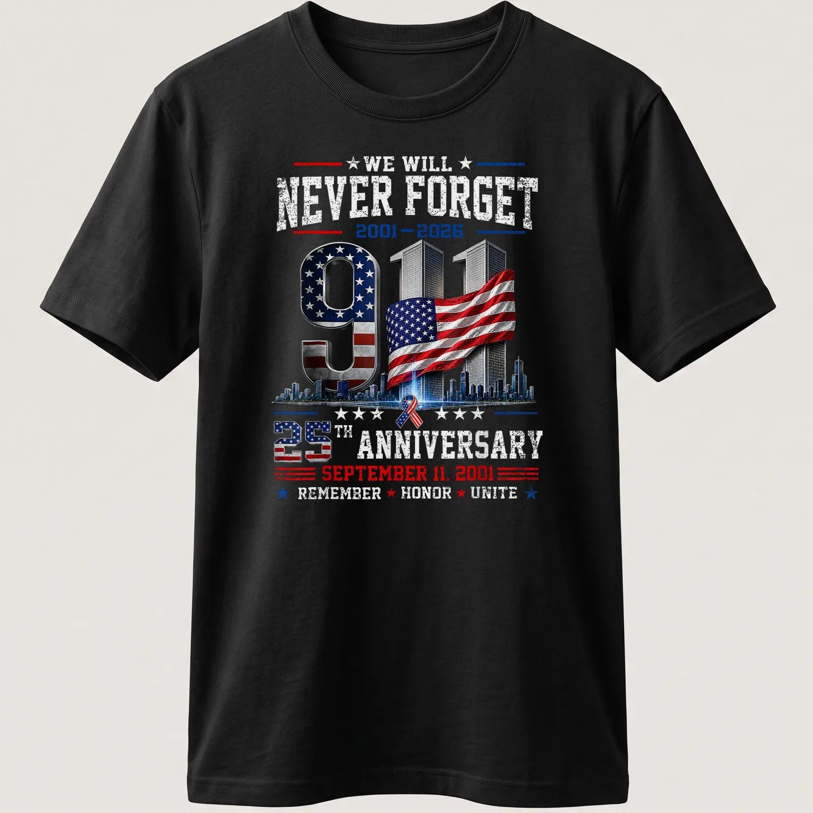 Patriotic graphic T-shirt featuring 9/11 memorial and American flag colors — printed on a unisex t-shirt