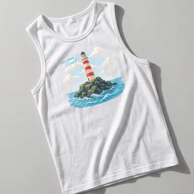 Illustrative print of Weizhou Island lighthouse on rocky seascape — printed on a tank top