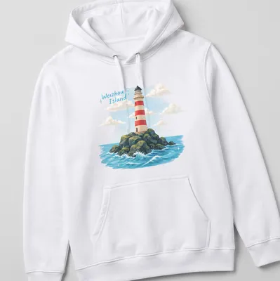 Illustrative print of Weizhou Island lighthouse on rocky seascape — printed on a unisex hoodie