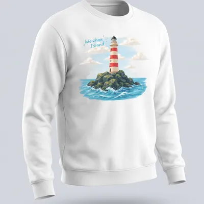 Illustrative print of Weizhou Island lighthouse on rocky seascape — printed on a unisex sweatshirt
