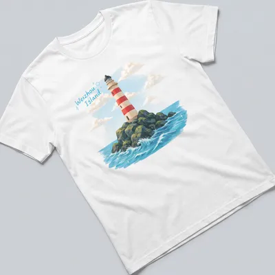 Illustrative print of Weizhou Island lighthouse on rocky seascape — printed on a unisex t-shirt
