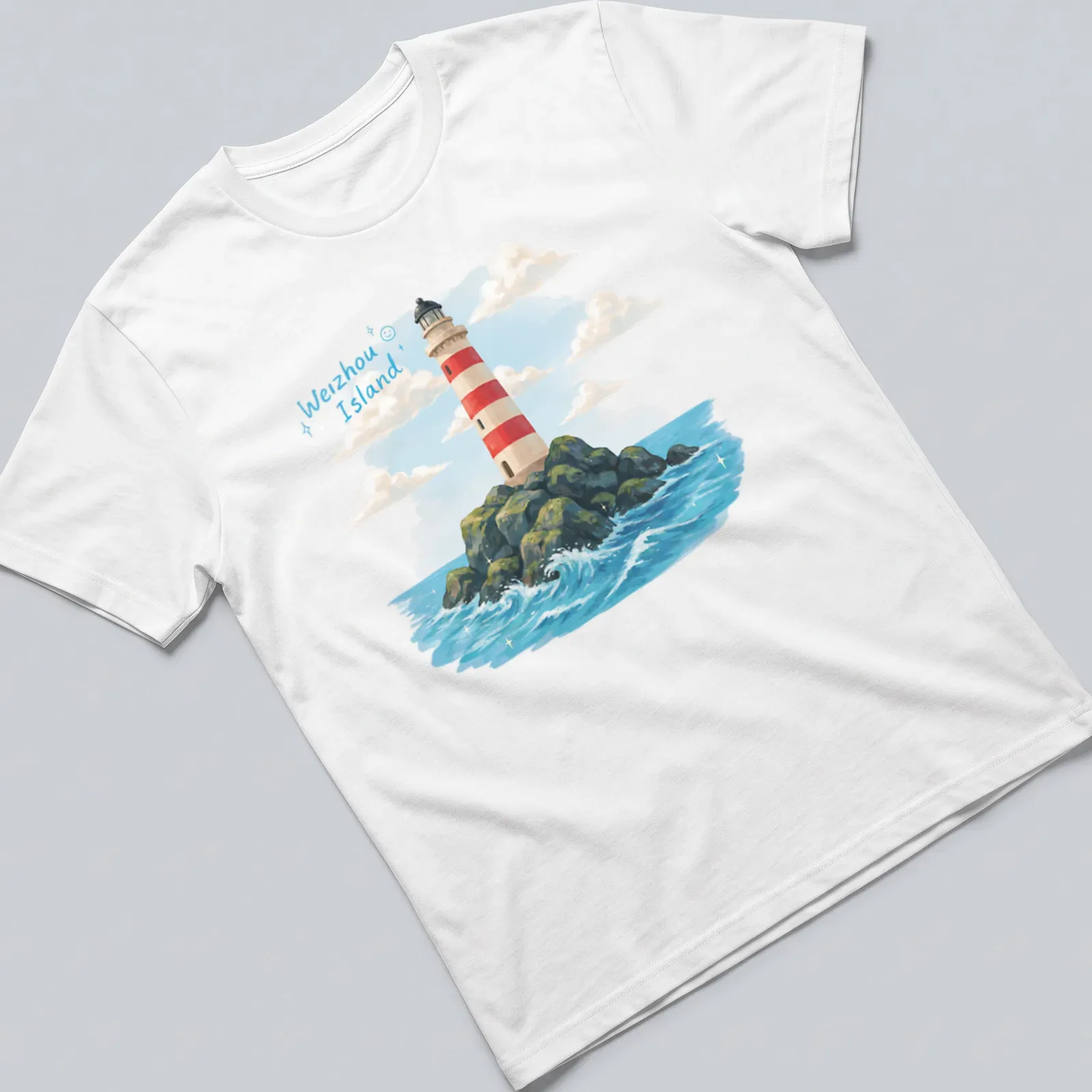Illustrative print of Weizhou Island lighthouse on rocky seascape — printed on a unisex t-shirt