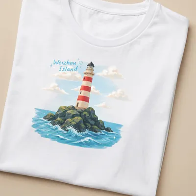 Illustrative print of Weizhou Island lighthouse on rocky seascape — printed on a women's shirt