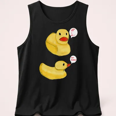 Whimsical watercolor print of rubber ducks with humorous text about Lake Bathtub. — printed on a tank top