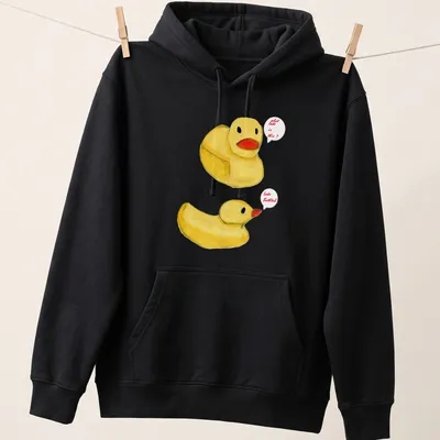 Whimsical watercolor print of rubber ducks with humorous text about Lake Bathtub. — printed on a unisex hoodie