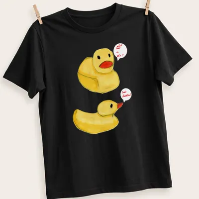 Whimsical watercolor print of rubber ducks with humorous text about Lake Bathtub. — printed on a unisex t-shirt