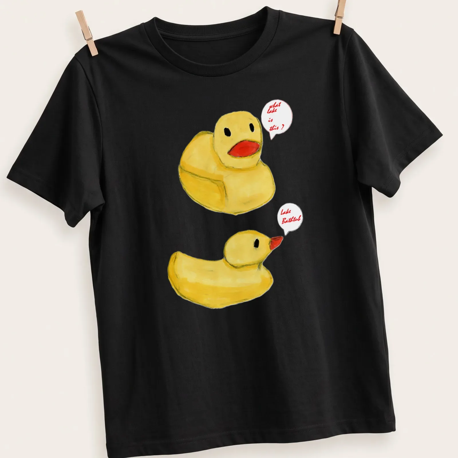 Whimsical watercolor print of rubber ducks with humorous text about Lake Bathtub. — printed on a unisex t-shirt